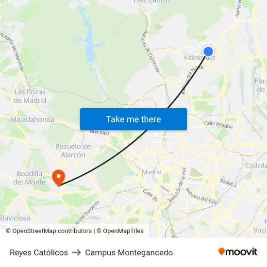 Reyes Católicos to Campus Montegancedo map