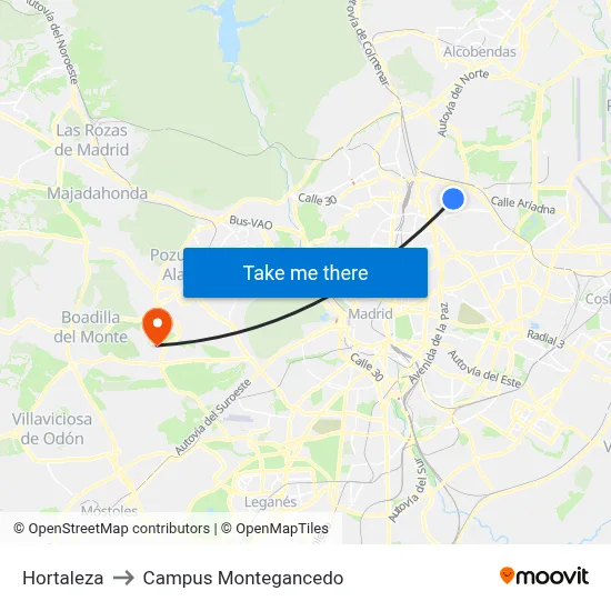 Hortaleza to Campus Montegancedo map