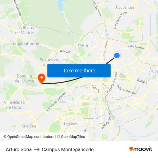 Arturo Soria to Campus Montegancedo map