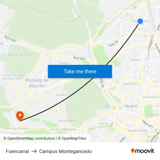 Fuencarral to Campus Montegancedo map