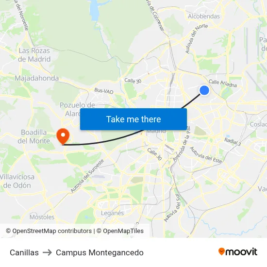 Canillas to Campus Montegancedo map