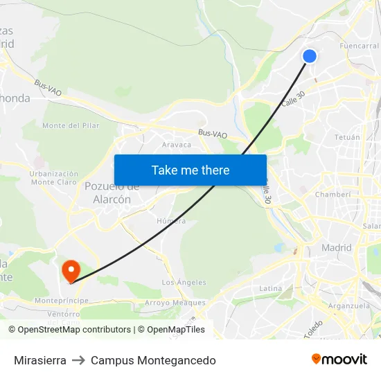 Mirasierra to Campus Montegancedo map