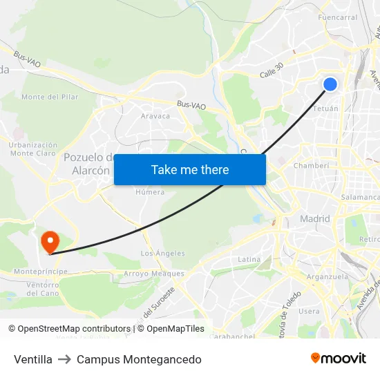Ventilla to Campus Montegancedo map