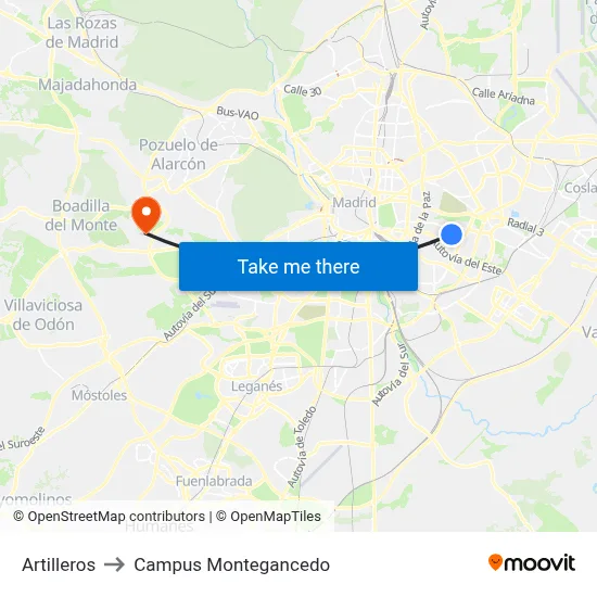 Artilleros to Campus Montegancedo map