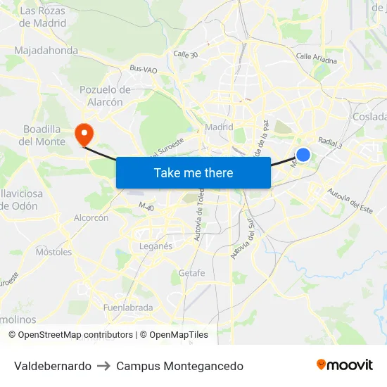 Valdebernardo to Campus Montegancedo map