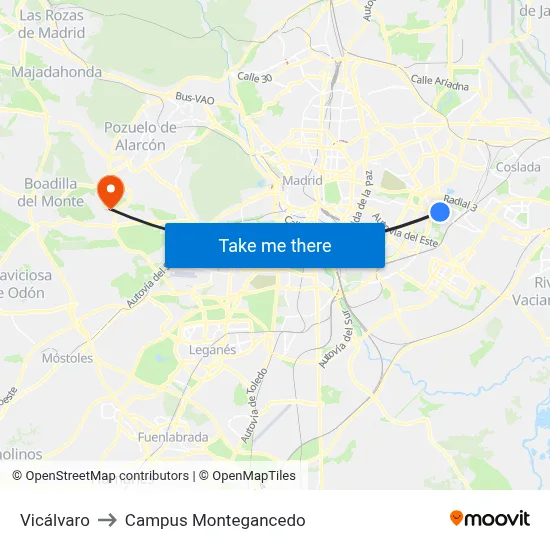 Vicálvaro to Campus Montegancedo map