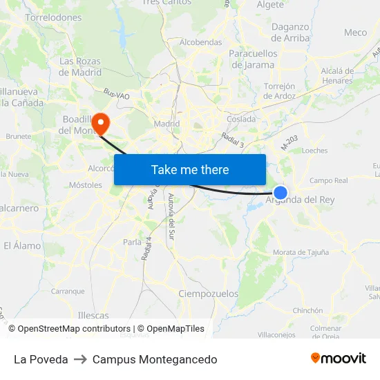 La Poveda to Campus Montegancedo map