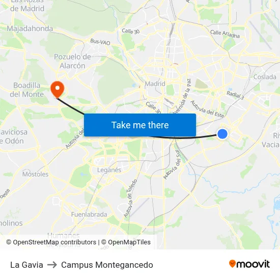 La Gavia to Campus Montegancedo map