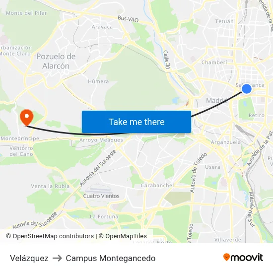 Velázquez to Campus Montegancedo map