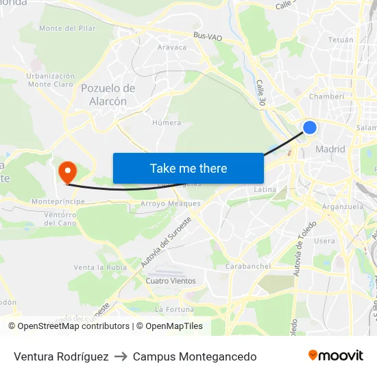 Ventura Rodríguez to Campus Montegancedo map