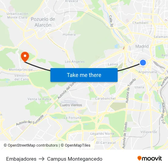 Embajadores to Campus Montegancedo map