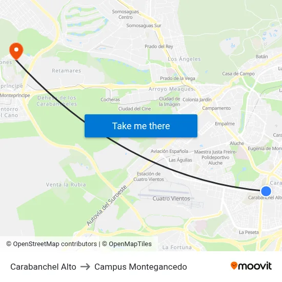 Carabanchel Alto to Campus Montegancedo map