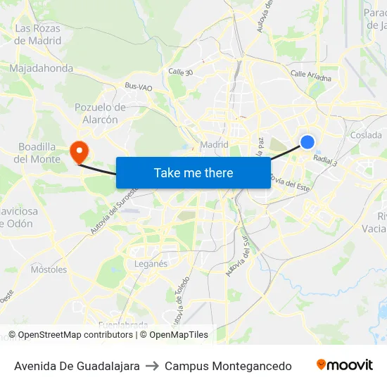 Avenida De Guadalajara to Campus Montegancedo map