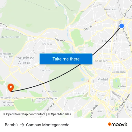 Bambú to Campus Montegancedo map
