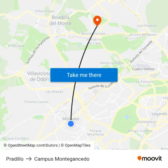 Pradillo to Campus Montegancedo map