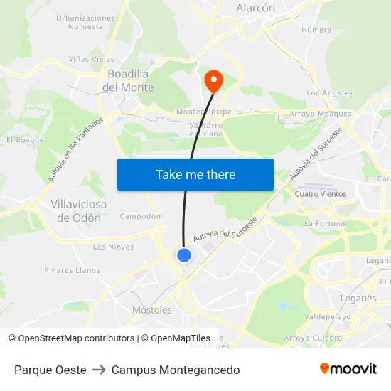 Parque Oeste to Campus Montegancedo map