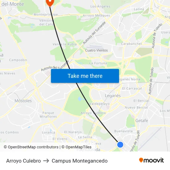 Arroyo Culebro to Campus Montegancedo map
