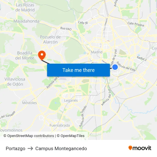 Portazgo to Campus Montegancedo map