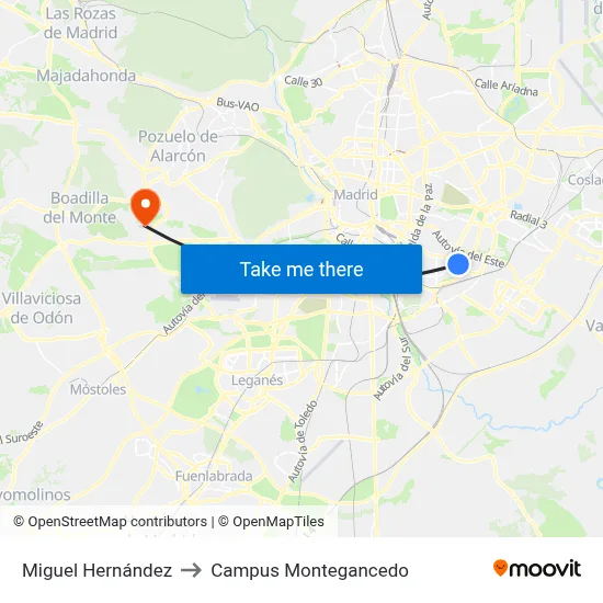 Miguel Hernández to Campus Montegancedo map