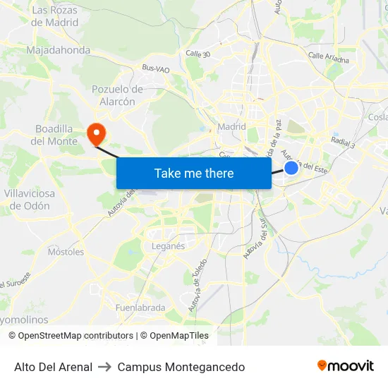 Alto Del Arenal to Campus Montegancedo map