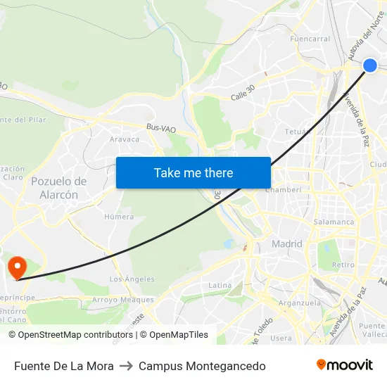 Fuente De La Mora to Campus Montegancedo map