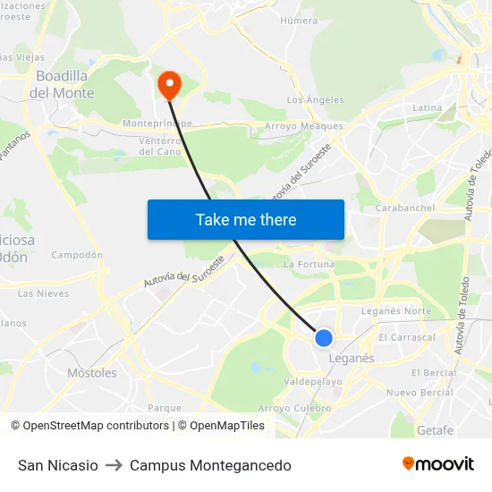San Nicasio to Campus Montegancedo map