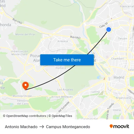 Antonio Machado to Campus Montegancedo map