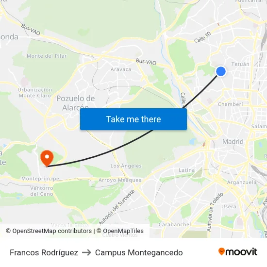 Francos Rodríguez to Campus Montegancedo map