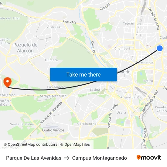 Parque De Las Avenidas to Campus Montegancedo map