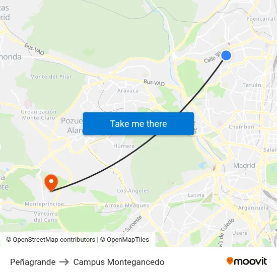 Peñagrande to Campus Montegancedo map