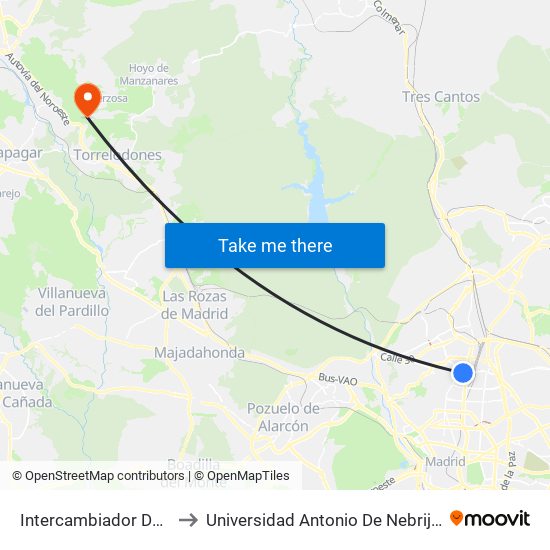 Intercambiador De Plaza De Castilla to Universidad Antonio De Nebrija - Campus De La Berzosa map