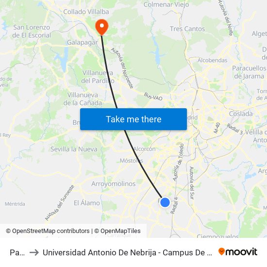 Parla to Universidad Antonio De Nebrija - Campus De La Berzosa map