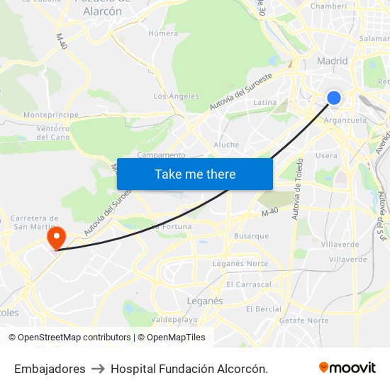 Embajadores to Hospital Fundación Alcorcón. map