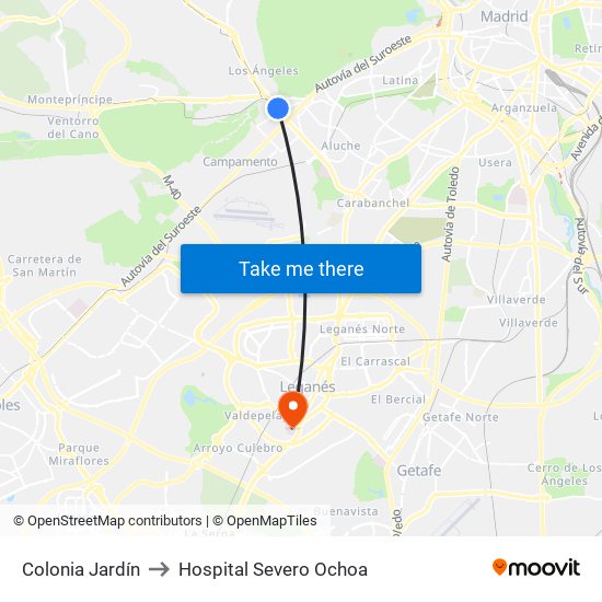 Colonia Jardín to Hospital Severo Ochoa map