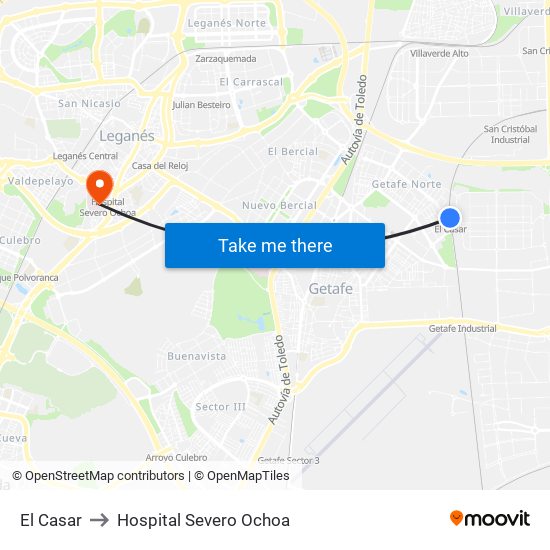 El Casar to Hospital Severo Ochoa map