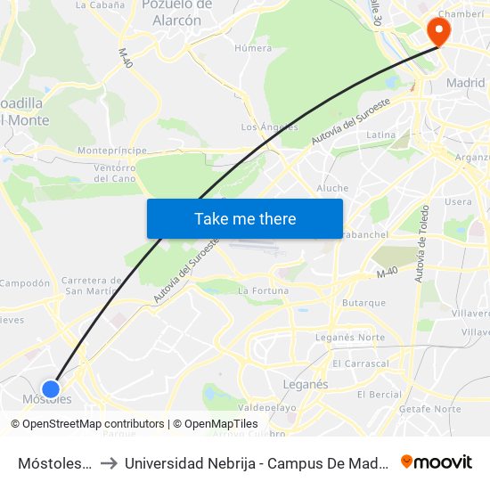 Móstoles Central to Universidad Nebrija - Campus De Madrid-Princesa - Edificio D map