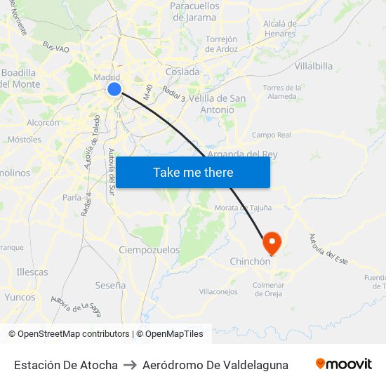 Estación De Atocha to Aeródromo De Valdelaguna map