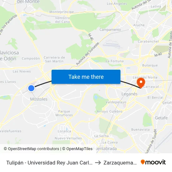 Tulipán - Universidad Rey Juan Carlos to Zarzaquemada map
