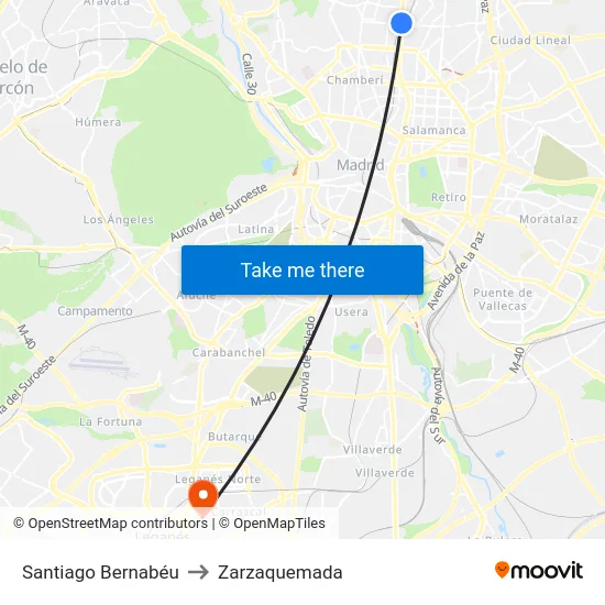 Santiago Bernabéu to Zarzaquemada map