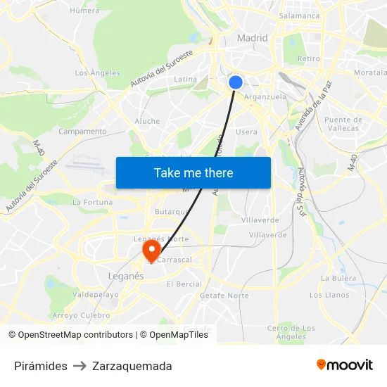 Pirámides to Zarzaquemada map