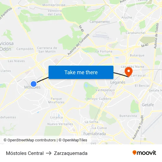 Móstoles Central to Zarzaquemada map