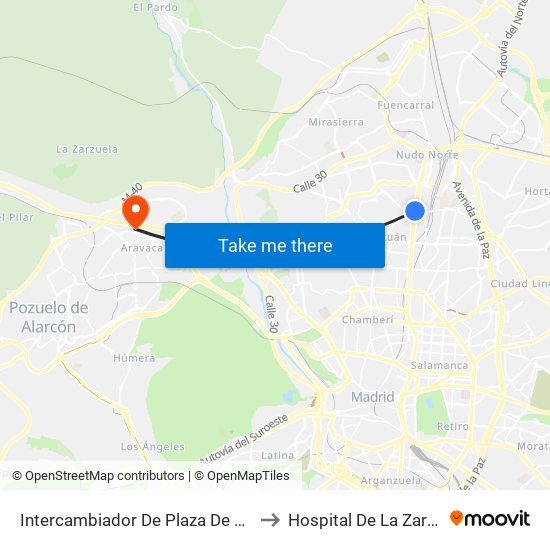Intercambiador De Plaza De Castilla to Hospital De La Zarzuela map