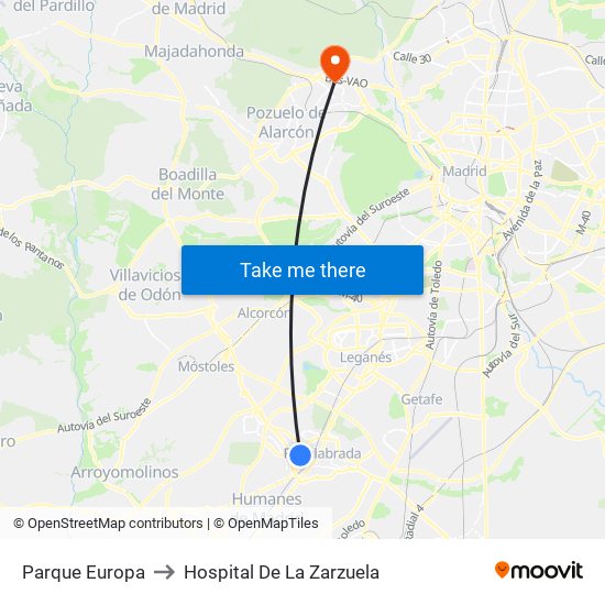 Parque Europa to Hospital De La Zarzuela map