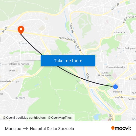 Moncloa to Hospital De La Zarzuela map