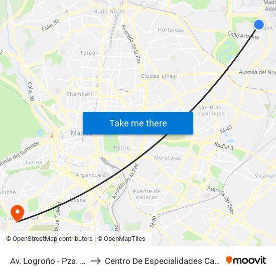 Av. Logroño - Pza. Pajarones to Centro De Especialidades Carabanchel Alto map