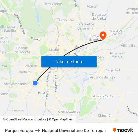 Parque Europa to Hospital Universitario De Torrejón map
