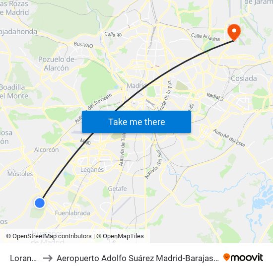 Loranca to Aeropuerto Adolfo Suárez Madrid-Barajas T2 map