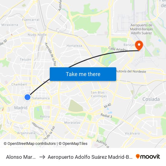 Alonso Martínez to Aeropuerto Adolfo Suárez Madrid-Barajas T2 map