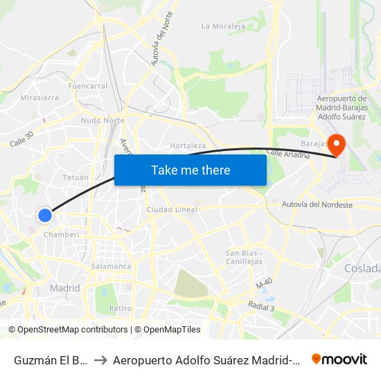 Guzmán El Bueno to Aeropuerto Adolfo Suárez Madrid-Barajas T2 map