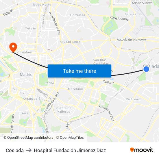 Coslada to Hospital Fundación Jiménez Díaz map